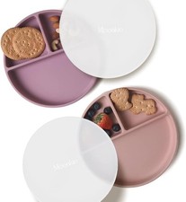 Kinderteller Silikon 2er Set BPA-frei Rutschfest Geteilte mit Saugnapf Deckel