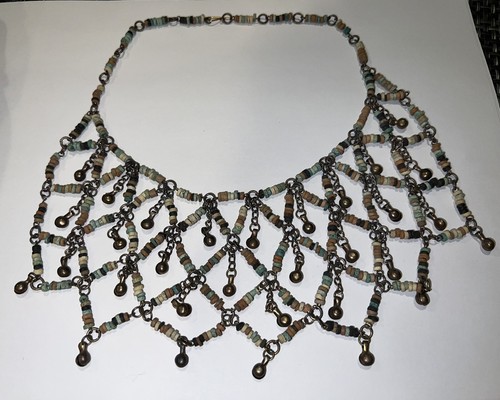 Vintage EGYPTIAN Revival Bib Collar Necklace Faience BEADS 16” Neutral w/ Bells - Picture 8 of 14