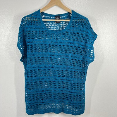Faded Glory Crochet Knit Top Cover Up Teal Blue Open Weave 3X Beech Tropical