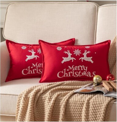 Christmas Pillow Covers 12x20 inches Set of 2 Embroidery Throw Pillow ...