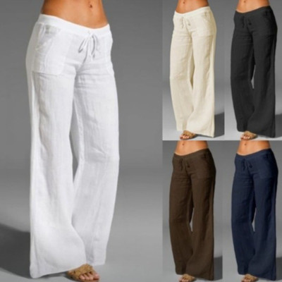 Lady High Waist Drawstring Wide Leg Linen Blend Pants Long Trousers Pocket Solid