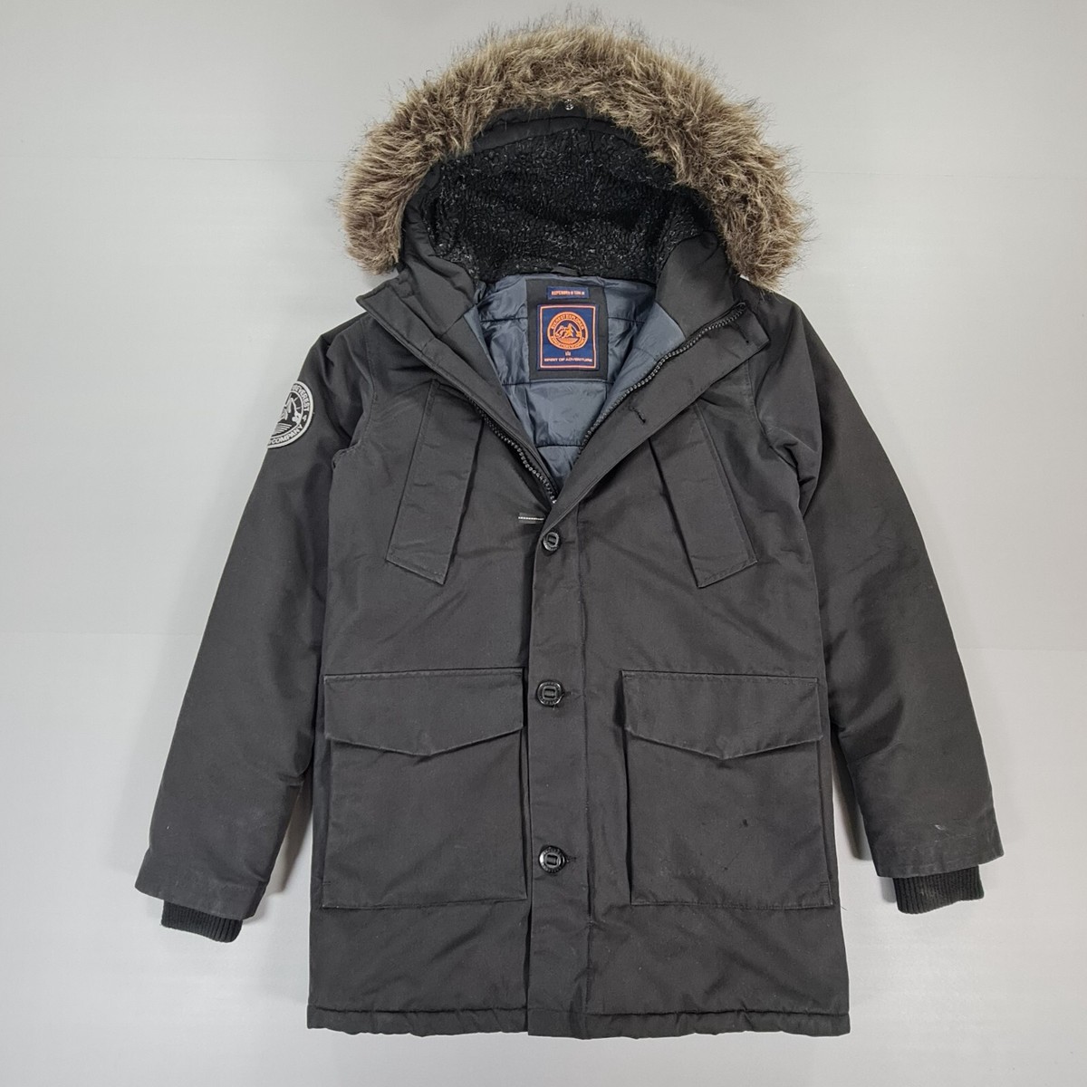 Superdry Mens Everest Parka Jacket Black XS Faux Fur Hooded Padded