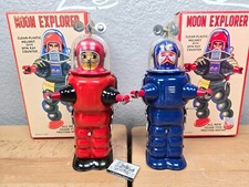 Schylling X-2 Moon Explorer Robot TR2019 Red Blue Tin Toy Crank Friction Motor