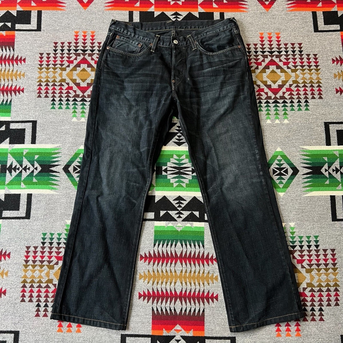 Evisu Jeans Men's 36x28 Blue Denim Button Fly Embroidered Logo