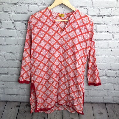 Roberta Roller Rabbit Top Women Small Kurta Side Slit 3/4 Sleeve V Neck Cotton
