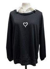 Women  s Black Sweatshirt w/ White Collar Heart Graphic - Large NWT Oversize