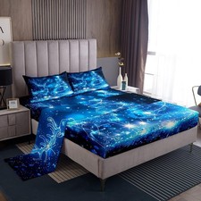 Blue Christmas Tree Bed Sheets Kids Boys Shiny Reindeer Sheet Set 3 Pcs Child...