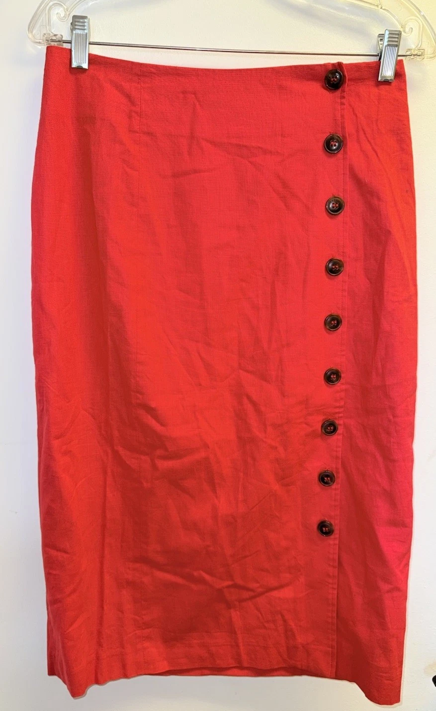GIANNI BINI Skirt Natasha Midi Side Button Size 4 Red Linen Cotton NEW $119