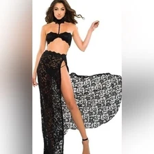 NWT Adore Lace Bandeau Top, Skirt & Panty SET Black SEXY Lingerie, Sz M
