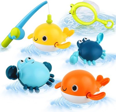 Bath Toys, Fishing Game with 4 Pieces Wind Up Bath Toys, Fishing Net, Floatin...