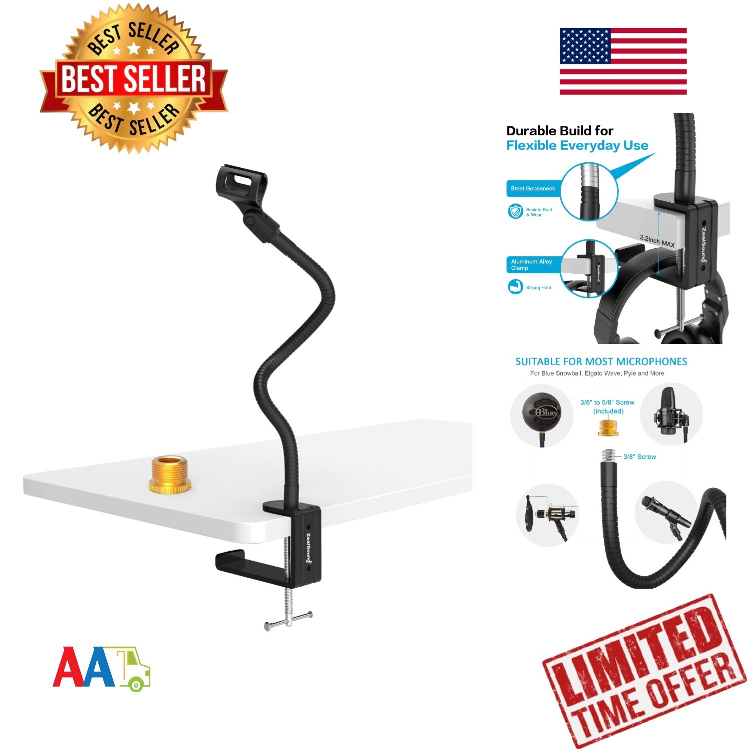 Microphone Stand Gooseneck 13'' Flexible Clamp Desk Mic Holder for Streaming