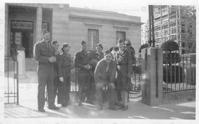 #ad Vintage Photo WWII Allied Soldiers Group Outside European Building $19.97