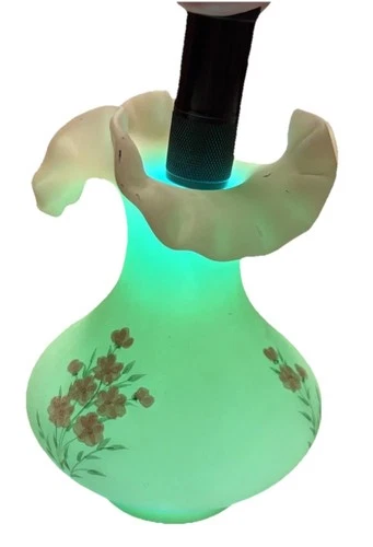 Vintage Fenton Custard Art Glass Ruffled Vase Pink Flowers & Bird Signed