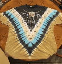 Vintage Liquid Blue Tie Dye T-Shirt Bison Skull Native American 2003 3XL