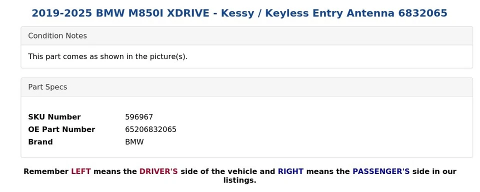 2019-2025 BMW M850I XDRIVE - Kessy / Keyless Entry Antenna 6832065 - Image 4 of 4