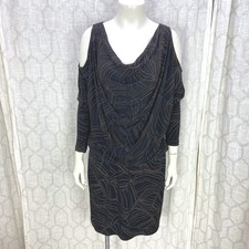 David Meister Jersey Knit Dress Size 6 Black Gold Batwing Cowl Draped LBD