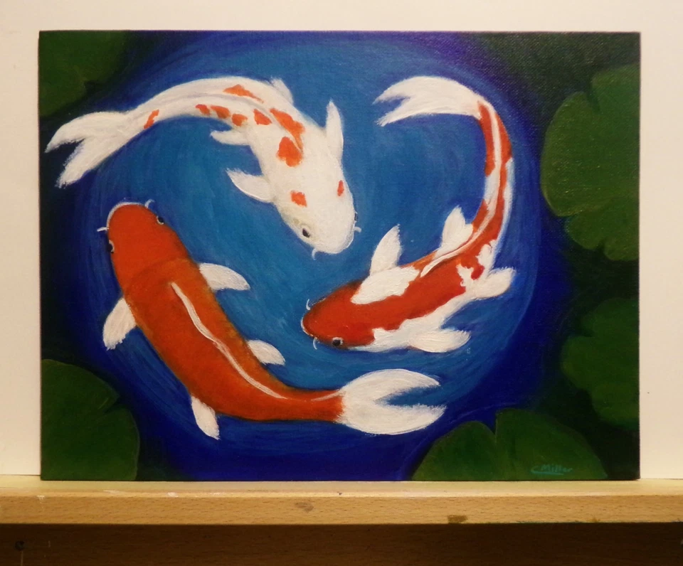 Pintura original de estanque de peces Koi por Chris Miller 9x12 arte de pared decoración firmada Foto 2 de 4