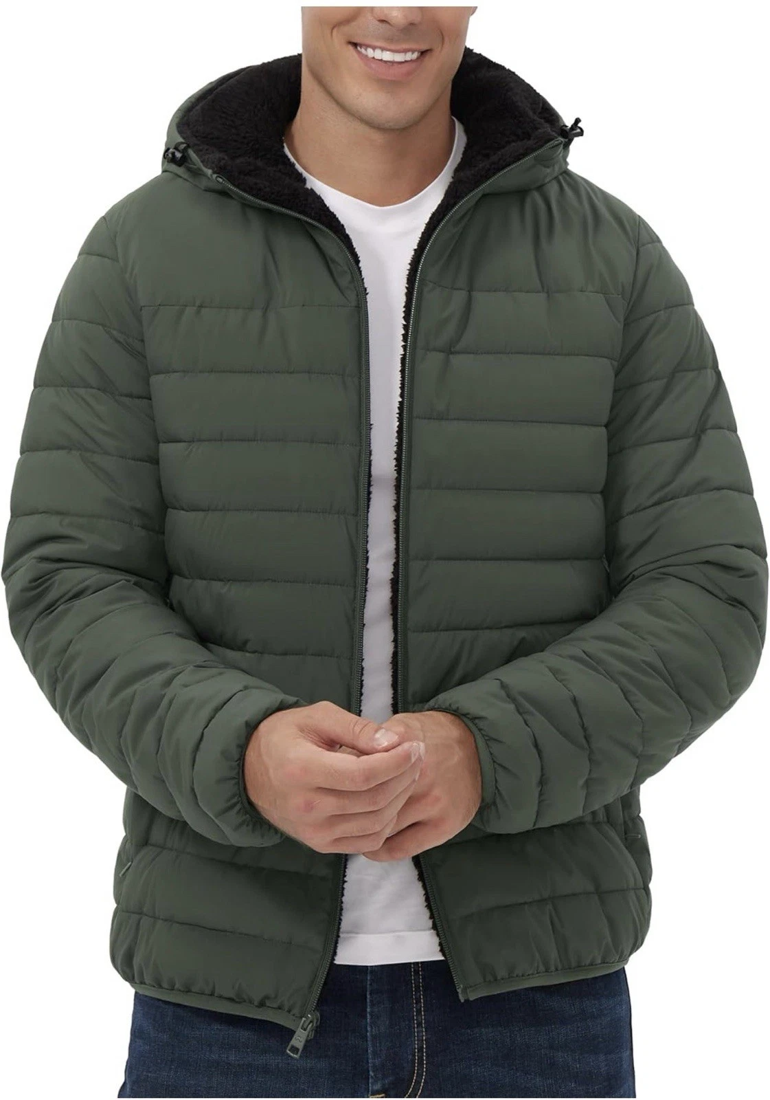 Men’s Green Hooded Quilted Puffer Jacket Zip Mid-Length Running Hiking