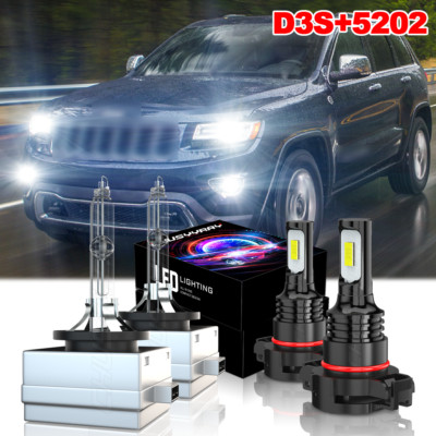 For Jeep Cherokee 14-18 2X D3S HID Headlight Hi-Lo + 2X 5202 LED Fog Light Bulb