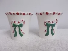 Set of 2 White Barn Candle Co Christmas Candy Canes Bows Ceramic Votive Holders