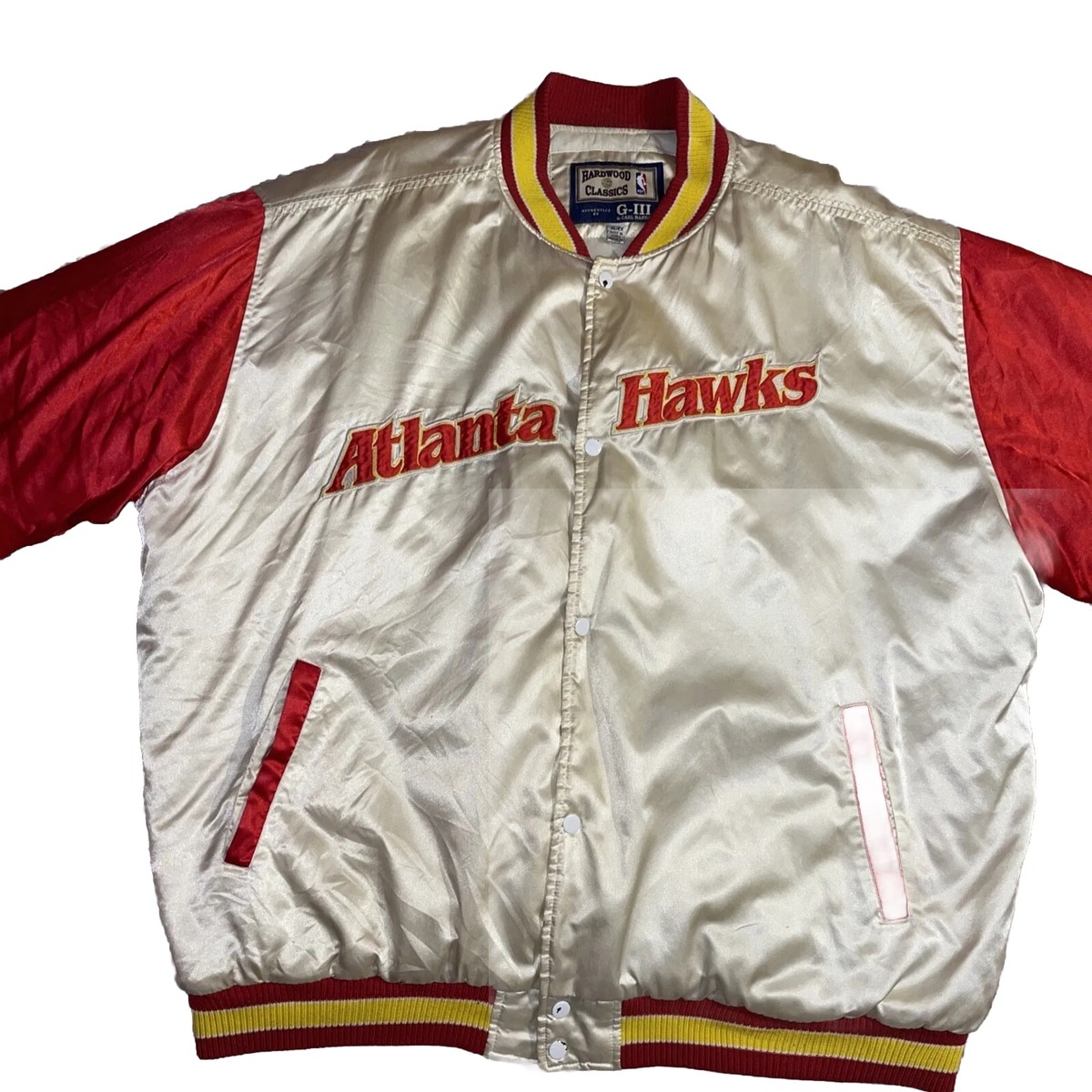 ATLANTA HAWKS GIII CARL BANKS HARDWOOD CLASSIC SATIN JACKET XL VTG CABBIE SATIN JACKET