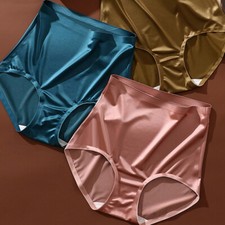 Shiny Satin Silky Knickers Briefs Women High Waist Underwear Panties Seamless