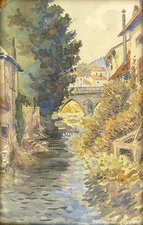 German School XIX Alsace France: Impressionist Watercolor Berlin Leipzig