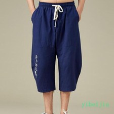 Vintage Mens Linen Cotton Embroidery Capri Harem Drawstring Cropped Pants Shorts