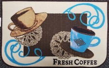 PRINTED NYLON RUG nonskid 17"x28" 2 COFFEE CUPS,FRESH COFFEE,D Shape,blue, BH