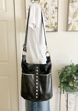 Maya Moon Black Leather Pony Hair Stud Custom Handmade Bucket Crossbody Hobo Bag
