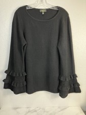 Charter Club Luxury Womens Black 100 Cashmere Sweater Sz L Bell Sleeve Ruffle