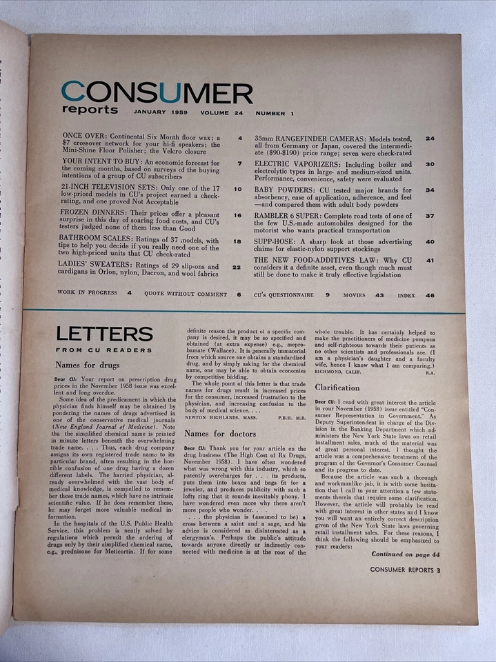 1959 January CONSUMER REPORTS Magazine, 21-Inch TV Sets, Rambler 6 Super (MH276) - Imagem 2 de 3