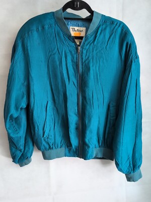 Vintage Protest mens 100% Silk Bomber Jacket Medium Full Zip Teal Casual 80's