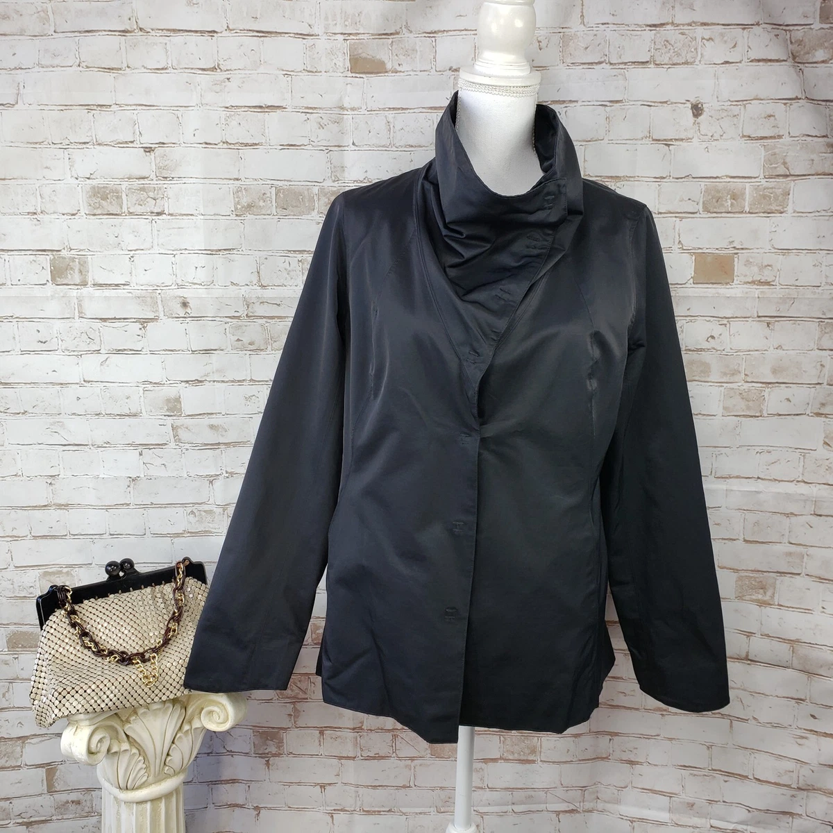 Eileen Fisher Size Small Black Snap Front Lightweight Windbreaker