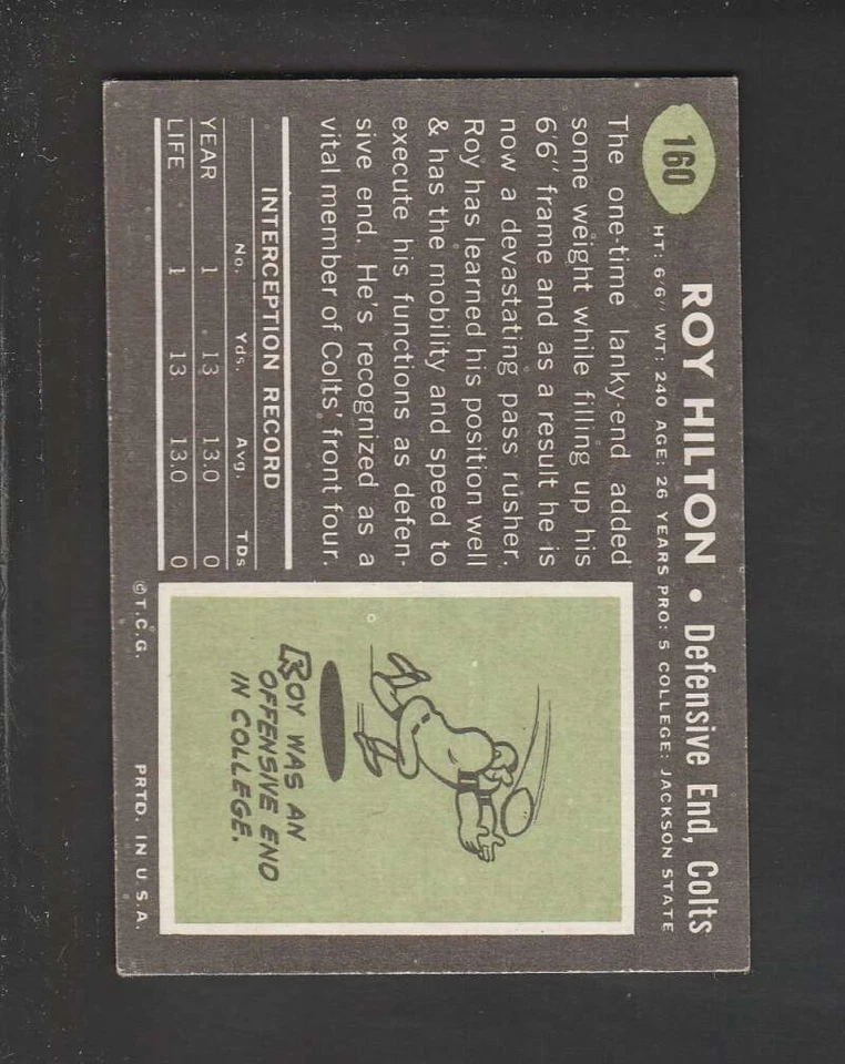 1969 Topps #160 Roy Hilton NM/NM+ Colts 160069 - Image 2 of 2