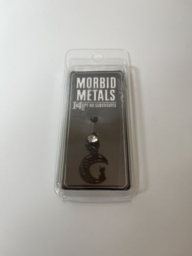 Morbid Metals Black Filigree Moon With Cat Gothic Navel Ring 14g - Afbeelding 1 van 2