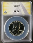 1954 Proof 50c Franklin Silver Half Dollar ANACS PF68