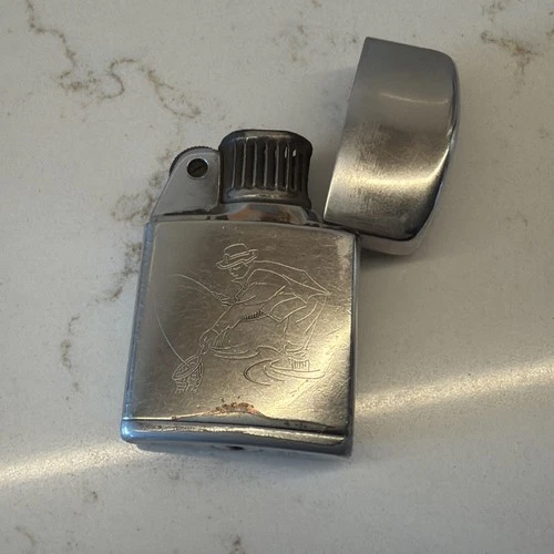 Vintage Ronson Windlite Lighter Engraved "Fly Fisherman" USA SPARKS #189