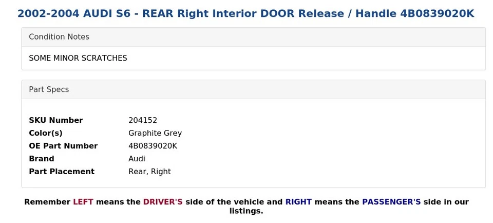 2002-2004 AUDI S6 - REAR Right Interior DOOR Release / Handle 4B0839020K - Image 4 of 4