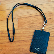 Coach Black Leather ID/Document Holder Lanyard, Solid Logo Theme Women