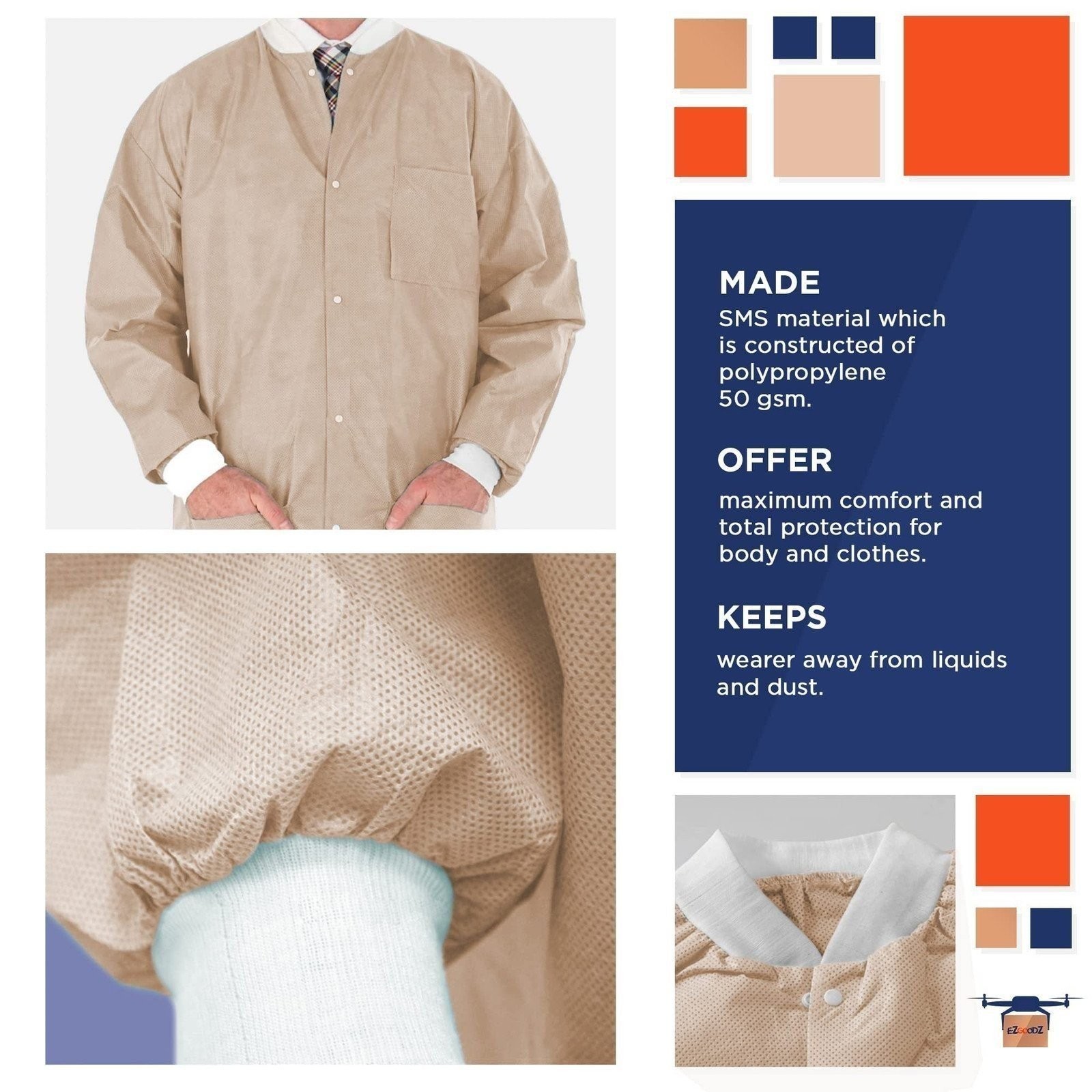 ALTRA Disposable Lab Jackets 31" Long Pack of 100 Tan Hip Length Work Gowns Large