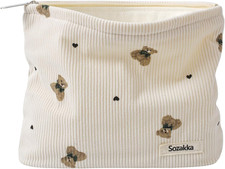 Corduroy Travel Makeup Bag with Bear Pattern, Cosmetic Bag for Purse Organizer,