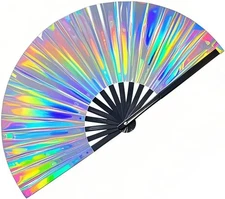 Holographic Laser Folding Fan, Large Clack Hand Fan for Rave, Disco, Multicolor