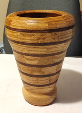 ARTIST HAND TURNED WOOD BOWL VASE W/ SEGMENTED OAK WOOD SIGNED 8 in