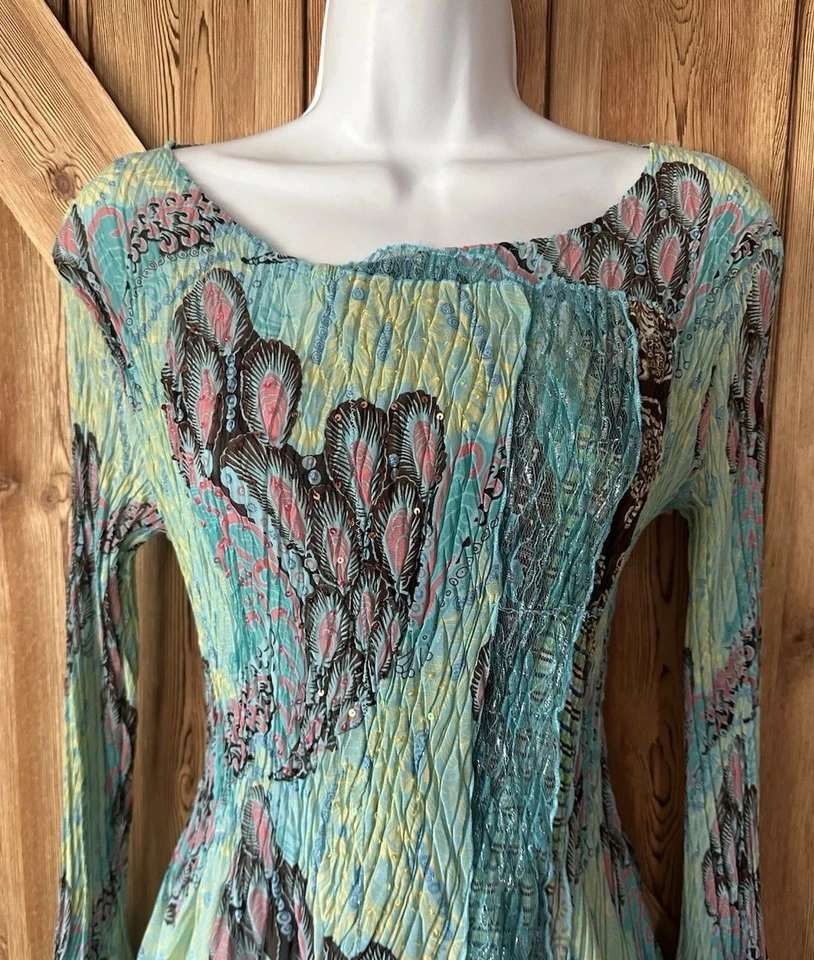 ALBERTO MAKALI Blouse Women’s Multicolor Crinkle Pleated Lace Boho Sheer Large - Image 4 of 4