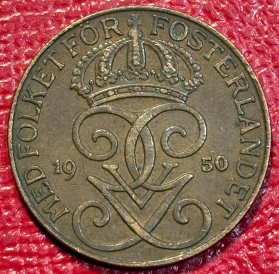 HIGHER GRADE VF/XF  1950 SWEDEN FIVE 5 ORE COIN-OCT262
