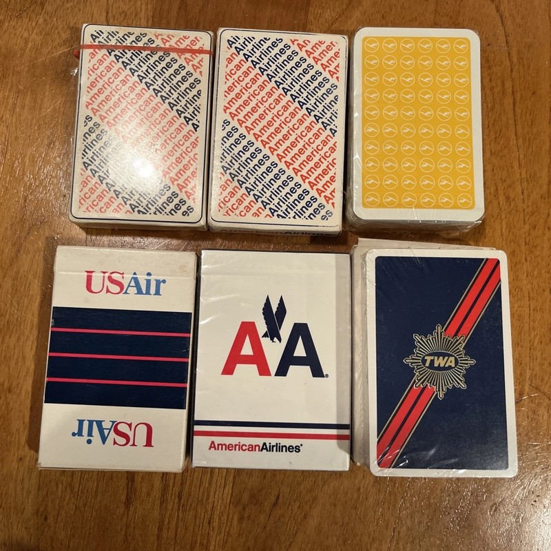 Lot Of 6 Vtg Airlines Playing Cards USAIR AMERICAN LUFTHANSA  TWA  3 AMERICAN