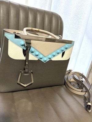 FENDI Petite Toujours Monster Bugs 2-Way Bag, Leather, Gray, with Shoulder Strap