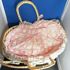 Set of 2 Wicker Oval Storage Baskets w/ Floral Fabric Lace Liners  Handles