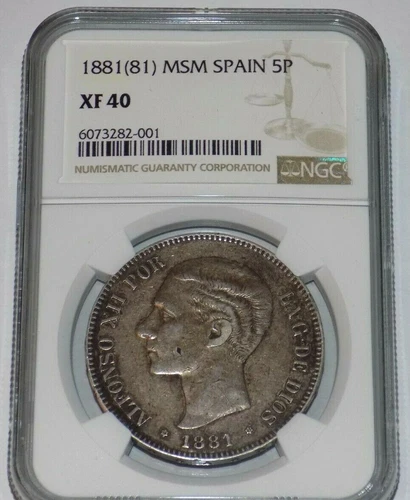 1881 (81) MSM SPAIN 5 Pesetas ALFONSO XII NGC XF 40 XF40 KEY Date & Mint Coin 